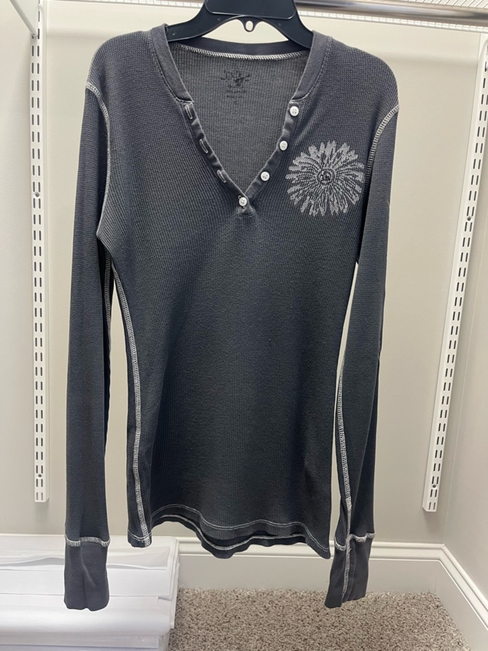 True Religion Charcoal Long Sleeve Waffle Henley with Crystallized Floral Emblem